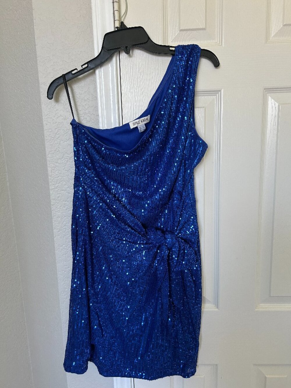 Grace Karin One Shoulder Sequin Mini Dress with Side Knot-Royal Blue- Size 12